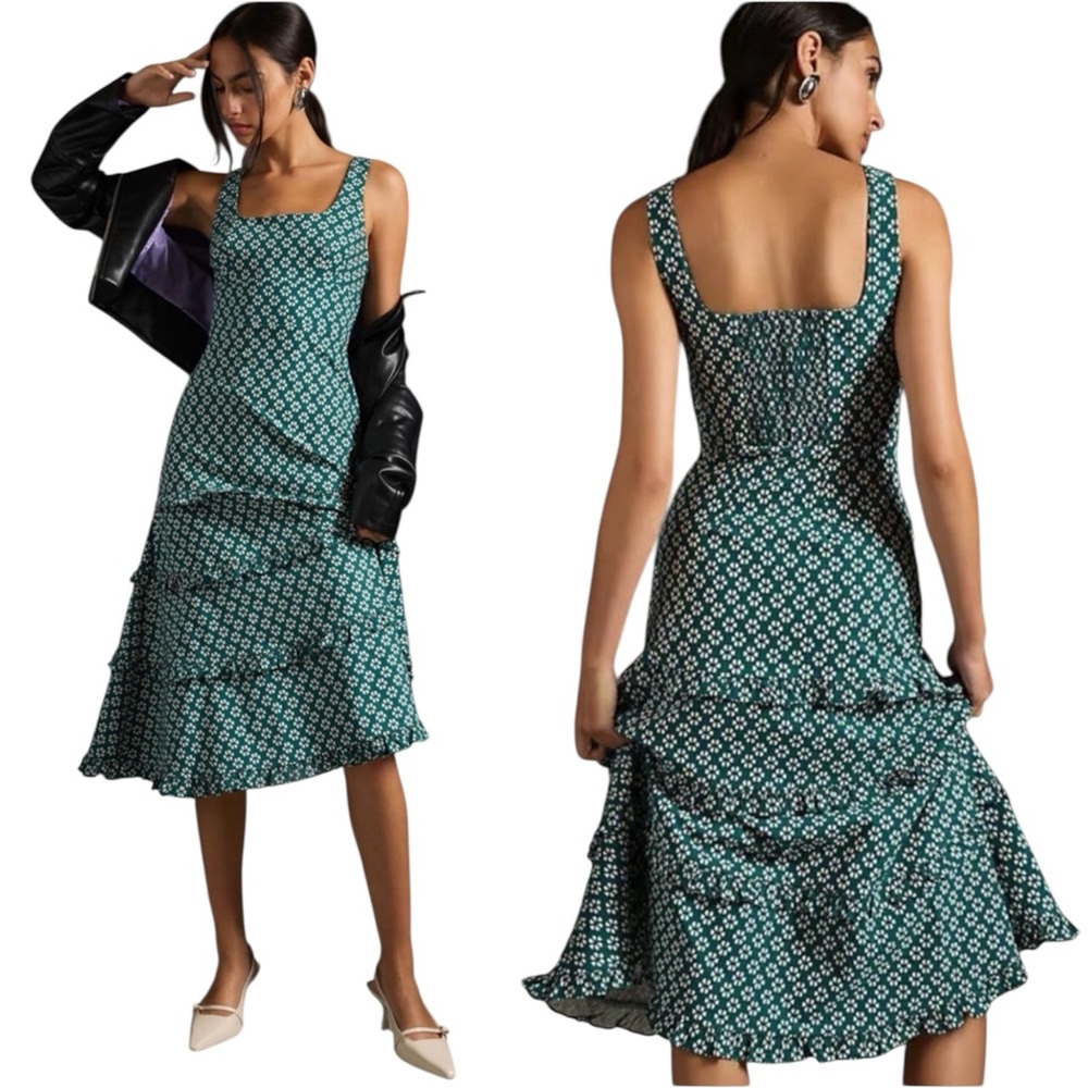 NWT Anthropologie Blythe Tiered Green Floral Dress Midi Smock Square Neck Size L